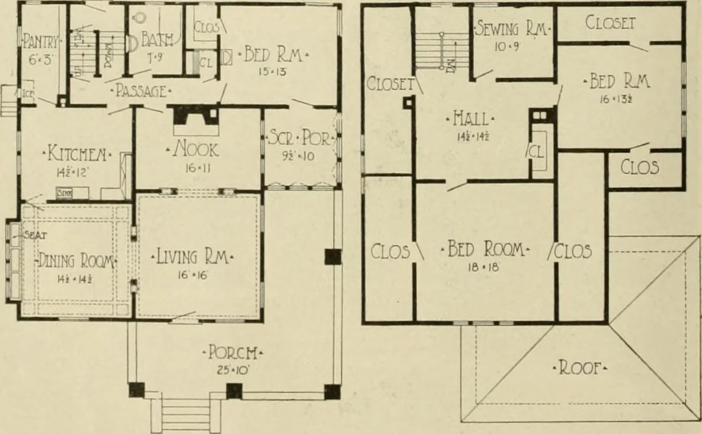 An illustration from Guaranteed building plans with interior views and details : a standard collection of new, original and artistic designs of cottages, bungalows, residences and flats of frame, brick, cement, plaster, concrete blocks, hollow tile, stucco, etc. and farm buildings of all descriptions together with interior and exterior details and interior views arranged and described by William A. Radford., 1915, leaf 135