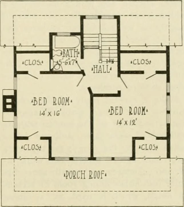 An illustration from Guaranteed building plans with interior views and details : a standard collection of new, original and artistic designs of cottages, bungalows, residences and flats of frame, brick, cement, plaster, concrete blocks, hollow tile, stucco, etc. and farm buildings of all descriptions together with interior and exterior details and interior views arranged and described by William A. Radford., 1915, leaf 136