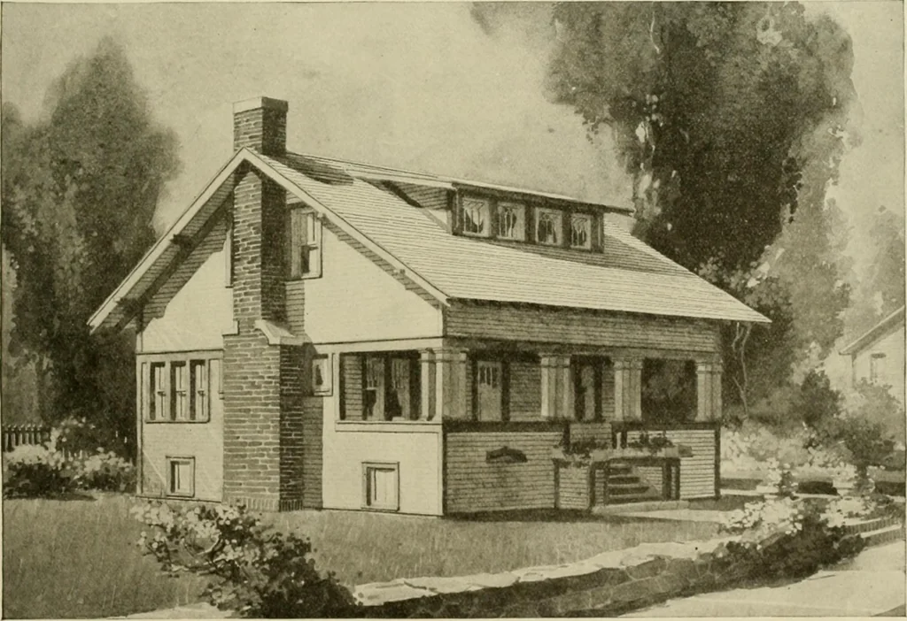 An illustration from Guaranteed building plans with interior views and details : a standard collection of new, original and artistic designs of cottages, bungalows, residences and flats of frame, brick, cement, plaster, concrete blocks, hollow tile, stucco, etc. and farm buildings of all descriptions together with interior and exterior details and interior views arranged and described by William A. Radford., 1915, leaf 136