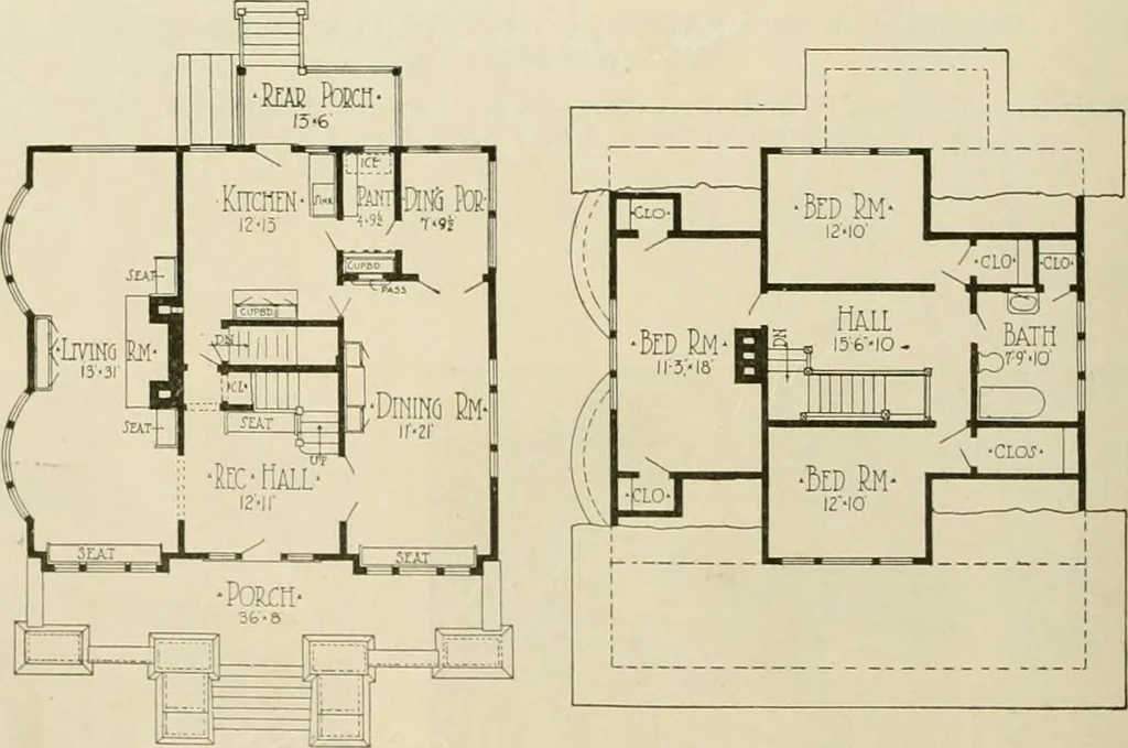 An illustration from Guaranteed building plans with interior views and details : a standard collection of new, original and artistic designs of cottages, bungalows, residences and flats of frame, brick, cement, plaster, concrete blocks, hollow tile, stucco, etc. and farm buildings of all descriptions together with interior and exterior details and interior views arranged and described by William A. Radford., 1915, leaf 139