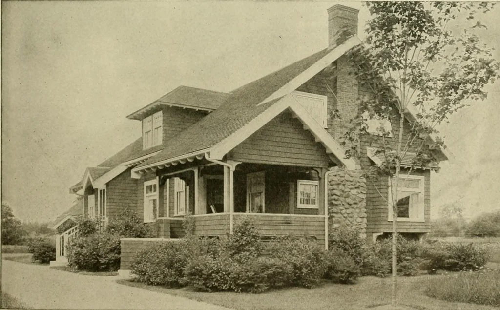An illustration from Guaranteed building plans with interior views and details : a standard collection of new, original and artistic designs of cottages, bungalows, residences and flats of frame, brick, cement, plaster, concrete blocks, hollow tile, stucco, etc. and farm buildings of all descriptions together with interior and exterior details and interior views arranged and described by William A. Radford., 1915, leaf 14