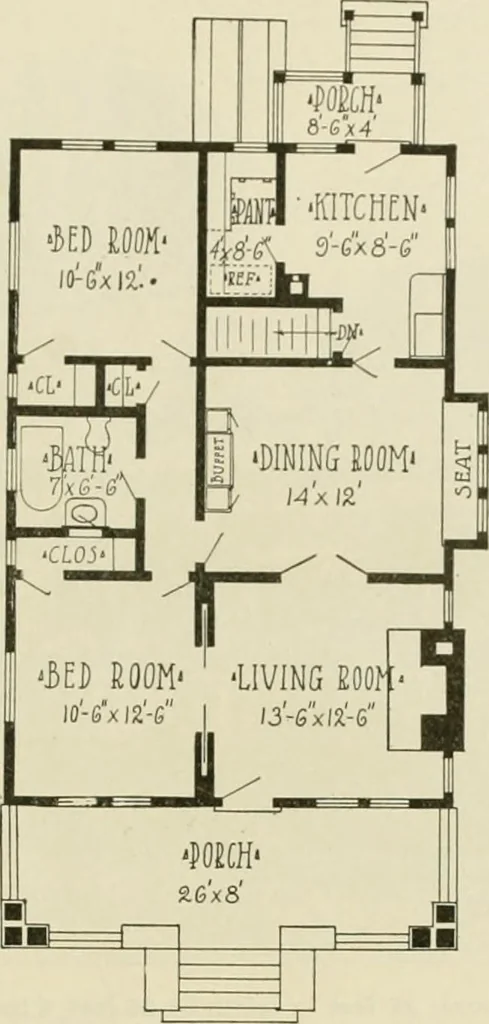 An illustration from Guaranteed building plans with interior views and details : a standard collection of new, original and artistic designs of cottages, bungalows, residences and flats of frame, brick, cement, plaster, concrete blocks, hollow tile, stucco, etc. and farm buildings of all descriptions together with interior and exterior details and interior views arranged and described by William A. Radford., 1915, leaf 140