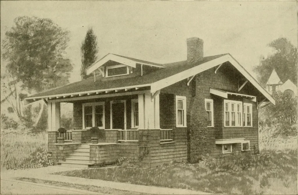 An illustration from Guaranteed building plans with interior views and details : a standard collection of new, original and artistic designs of cottages, bungalows, residences and flats of frame, brick, cement, plaster, concrete blocks, hollow tile, stucco, etc. and farm buildings of all descriptions together with interior and exterior details and interior views arranged and described by William A. Radford., 1915, leaf 140
