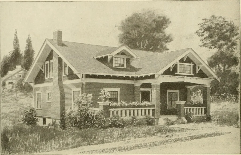 An illustration from Guaranteed building plans with interior views and details : a standard collection of new, original and artistic designs of cottages, bungalows, residences and flats of frame, brick, cement, plaster, concrete blocks, hollow tile, stucco, etc. and farm buildings of all descriptions together with interior and exterior details and interior views arranged and described by William A. Radford., 1915, leaf 141
