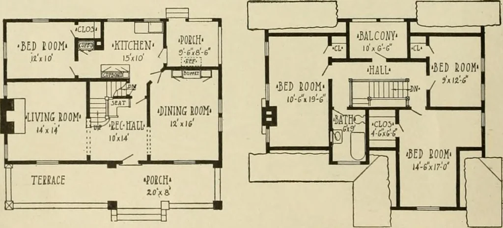 An illustration from Guaranteed building plans with interior views and details : a standard collection of new, original and artistic designs of cottages, bungalows, residences and flats of frame, brick, cement, plaster, concrete blocks, hollow tile, stucco, etc. and farm buildings of all descriptions together with interior and exterior details and interior views arranged and described by William A. Radford., 1915, leaf 141