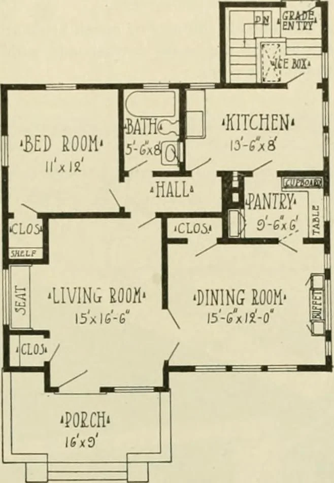 An illustration from Guaranteed building plans with interior views and details : a standard collection of new, original and artistic designs of cottages, bungalows, residences and flats of frame, brick, cement, plaster, concrete blocks, hollow tile, stucco, etc. and farm buildings of all descriptions together with interior and exterior details and interior views arranged and described by William A. Radford., 1915, leaf 142