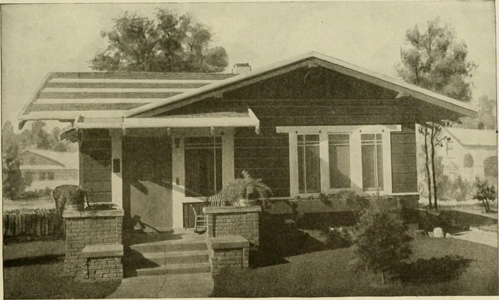 An illustration from Guaranteed building plans with interior views and details : a standard collection of new, original and artistic designs of cottages, bungalows, residences and flats of frame, brick, cement, plaster, concrete blocks, hollow tile, stucco, etc. and farm buildings of all descriptions together with interior and exterior details and interior views arranged and described by William A. Radford., 1915, leaf 142