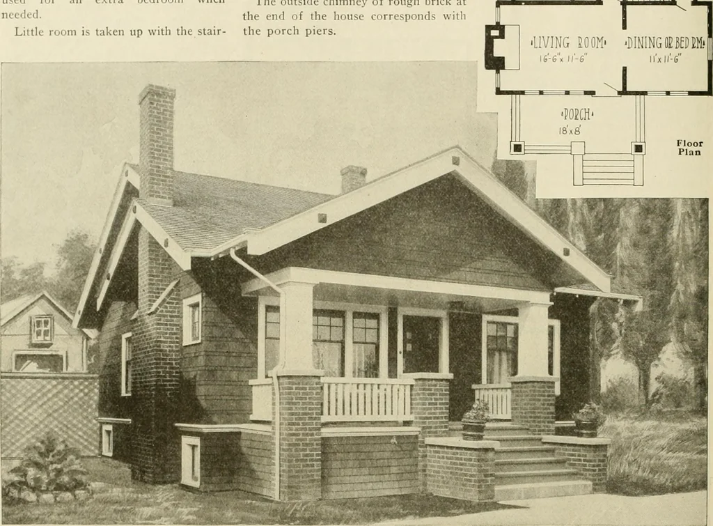 An illustration from Guaranteed building plans with interior views and details : a standard collection of new, original and artistic designs of cottages, bungalows, residences and flats of frame, brick, cement, plaster, concrete blocks, hollow tile, stucco, etc. and farm buildings of all descriptions together with interior and exterior details and interior views arranged and described by William A. Radford., 1915, leaf 143