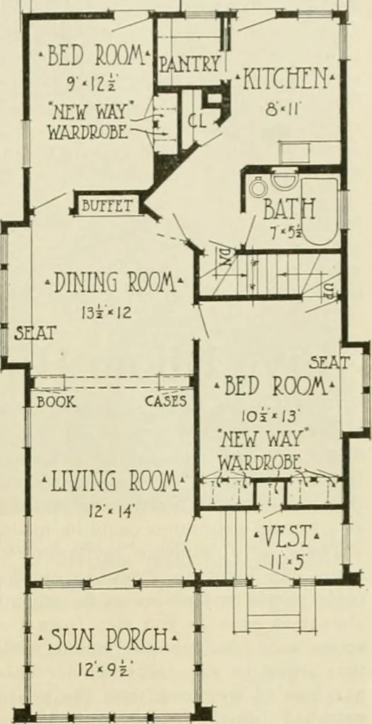 An illustration from Guaranteed building plans with interior views and details : a standard collection of new, original and artistic designs of cottages, bungalows, residences and flats of frame, brick, cement, plaster, concrete blocks, hollow tile, stucco, etc. and farm buildings of all descriptions together with interior and exterior details and interior views arranged and described by William A. Radford., 1915, leaf 144