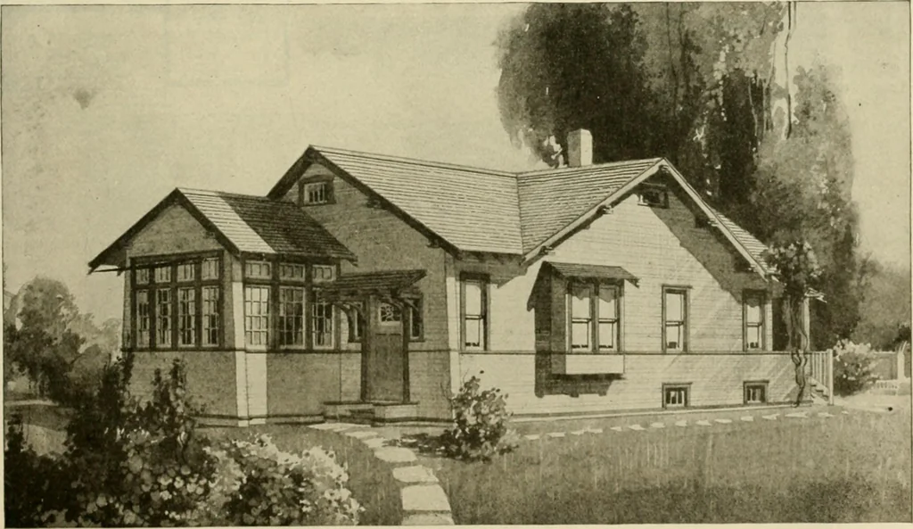 An illustration from Guaranteed building plans with interior views and details : a standard collection of new, original and artistic designs of cottages, bungalows, residences and flats of frame, brick, cement, plaster, concrete blocks, hollow tile, stucco, etc. and farm buildings of all descriptions together with interior and exterior details and interior views arranged and described by William A. Radford., 1915, leaf 144