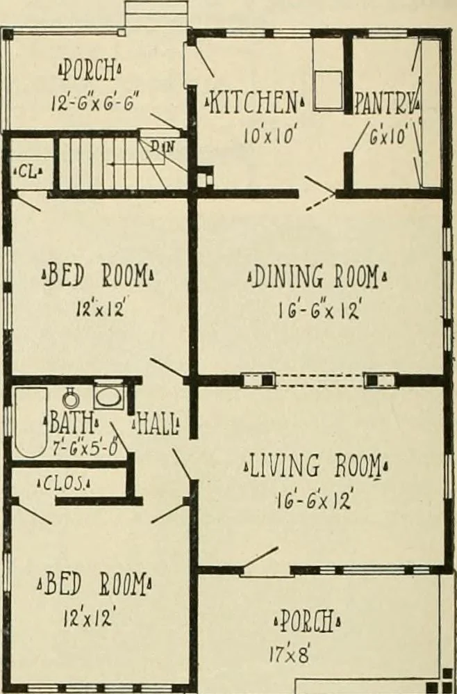 An illustration from Guaranteed building plans with interior views and details : a standard collection of new, original and artistic designs of cottages, bungalows, residences and flats of frame, brick, cement, plaster, concrete blocks, hollow tile, stucco, etc. and farm buildings of all descriptions together with interior and exterior details and interior views arranged and described by William A. Radford., 1915, leaf 145