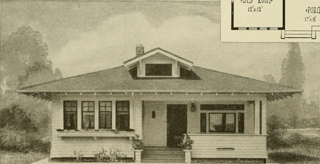 An illustration from Guaranteed building plans with interior views and details : a standard collection of new, original and artistic designs of cottages, bungalows, residences and flats of frame, brick, cement, plaster, concrete blocks, hollow tile, stucco, etc. and farm buildings of all descriptions together with interior and exterior details and interior views arranged and described by William A. Radford., 1915, leaf 145