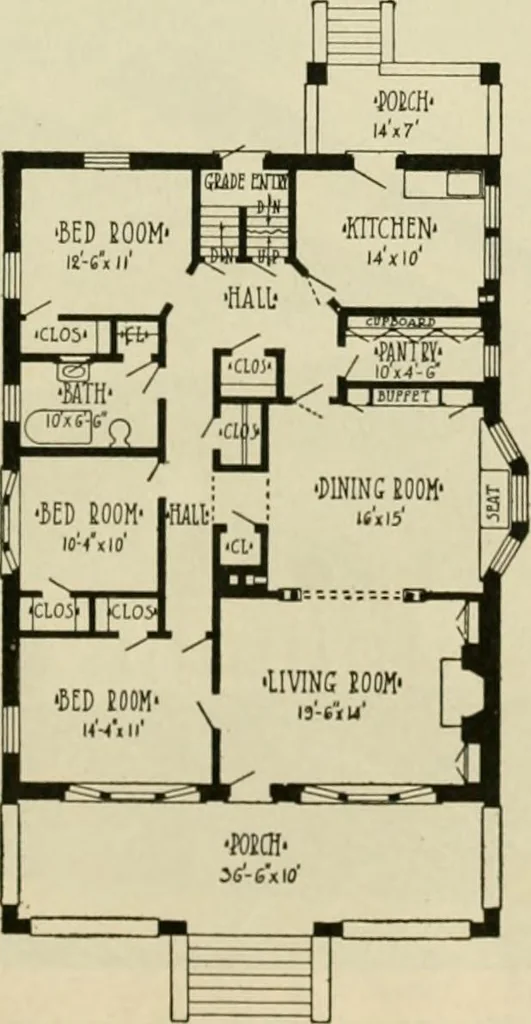 An illustration from Guaranteed building plans with interior views and details : a standard collection of new, original and artistic designs of cottages, bungalows, residences and flats of frame, brick, cement, plaster, concrete blocks, hollow tile, stucco, etc. and farm buildings of all descriptions together with interior and exterior details and interior views arranged and described by William A. Radford., 1915, leaf 146