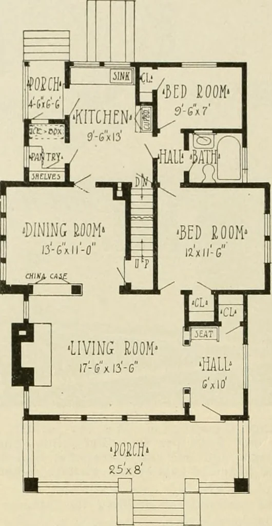 An illustration from Guaranteed building plans with interior views and details : a standard collection of new, original and artistic designs of cottages, bungalows, residences and flats of frame, brick, cement, plaster, concrete blocks, hollow tile, stucco, etc. and farm buildings of all descriptions together with interior and exterior details and interior views arranged and described by William A. Radford., 1915, leaf 147