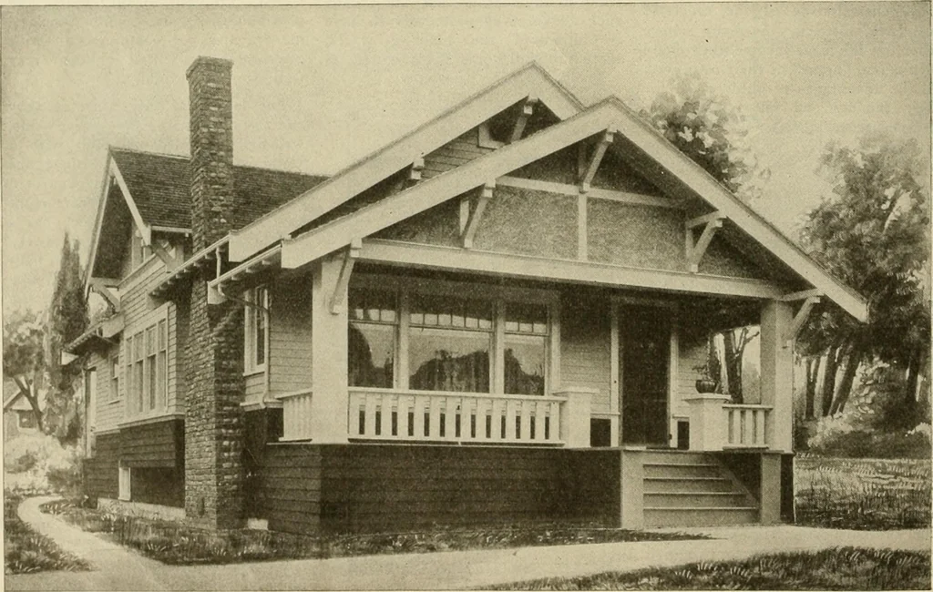 An illustration from Guaranteed building plans with interior views and details : a standard collection of new, original and artistic designs of cottages, bungalows, residences and flats of frame, brick, cement, plaster, concrete blocks, hollow tile, stucco, etc. and farm buildings of all descriptions together with interior and exterior details and interior views arranged and described by William A. Radford., 1915, leaf 147