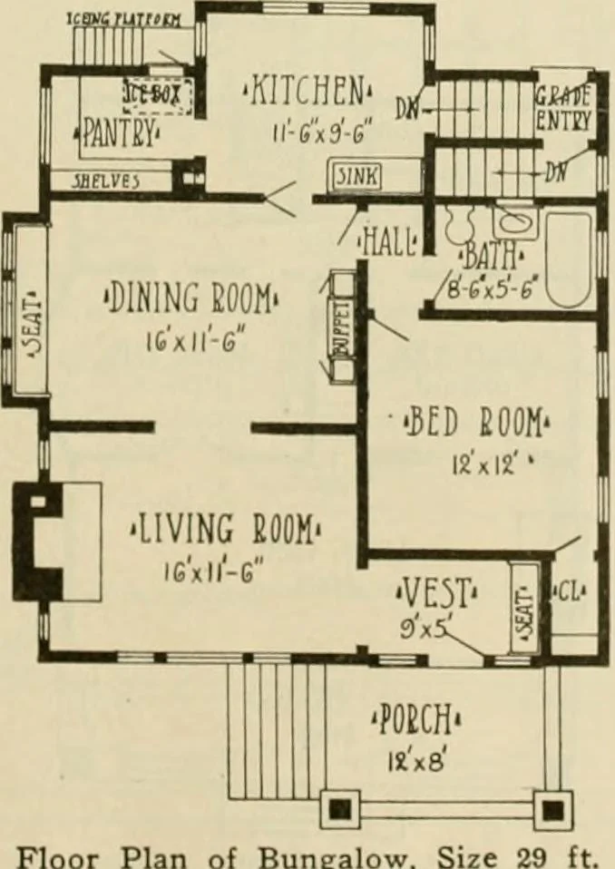 An illustration from Guaranteed building plans with interior views and details : a standard collection of new, original and artistic designs of cottages, bungalows, residences and flats of frame, brick, cement, plaster, concrete blocks, hollow tile, stucco, etc. and farm buildings of all descriptions together with interior and exterior details and interior views arranged and described by William A. Radford., 1915, leaf 148