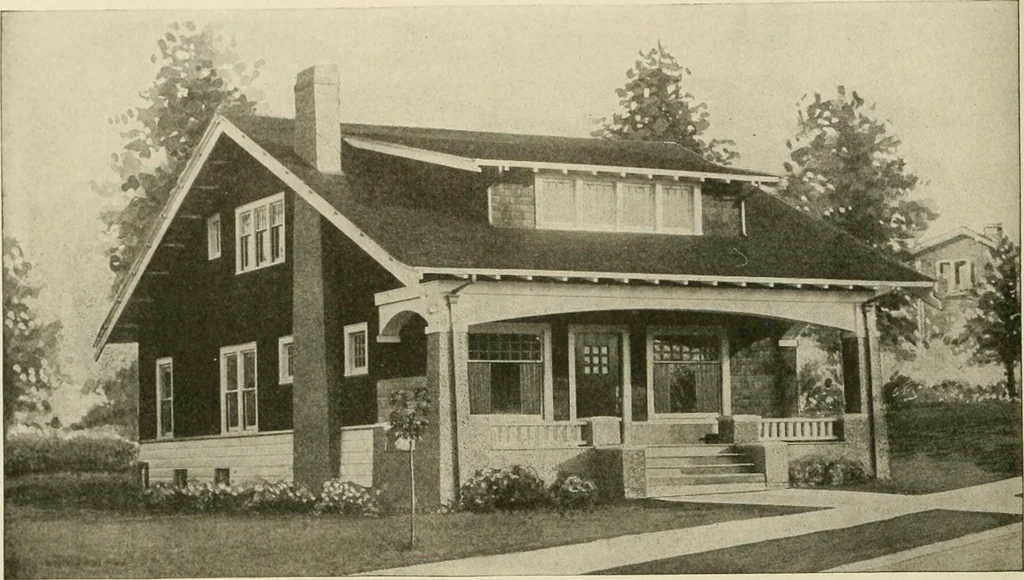 An illustration from Guaranteed building plans with interior views and details : a standard collection of new, original and artistic designs of cottages, bungalows, residences and flats of frame, brick, cement, plaster, concrete blocks, hollow tile, stucco, etc. and farm buildings of all descriptions together with interior and exterior details and interior views arranged and described by William A. Radford., 1915, leaf 149