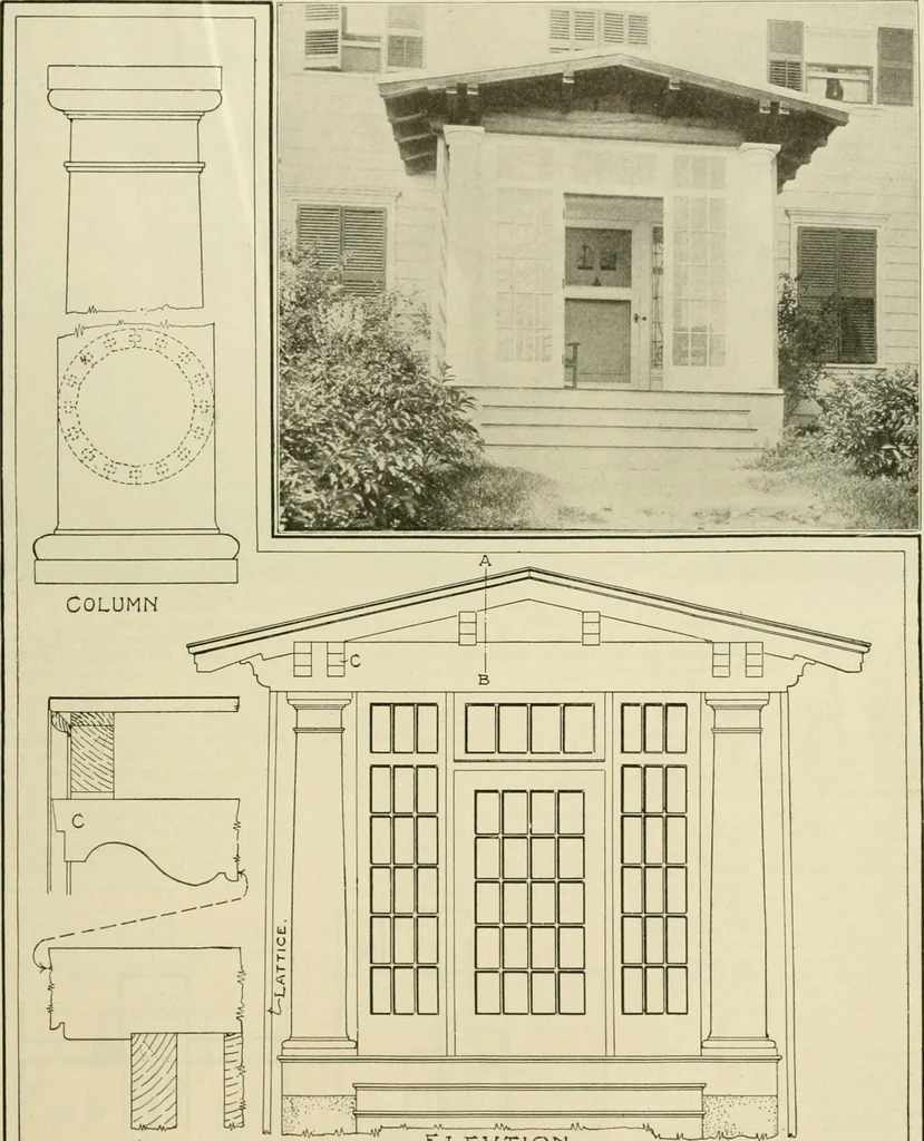 An illustration from Guaranteed building plans with interior views and details : a standard collection of new, original and artistic designs of cottages, bungalows, residences and flats of frame, brick, cement, plaster, concrete blocks, hollow tile, stucco, etc. and farm buildings of all descriptions together with interior and exterior details and interior views arranged and described by William A. Radford., 1915, leaf 150