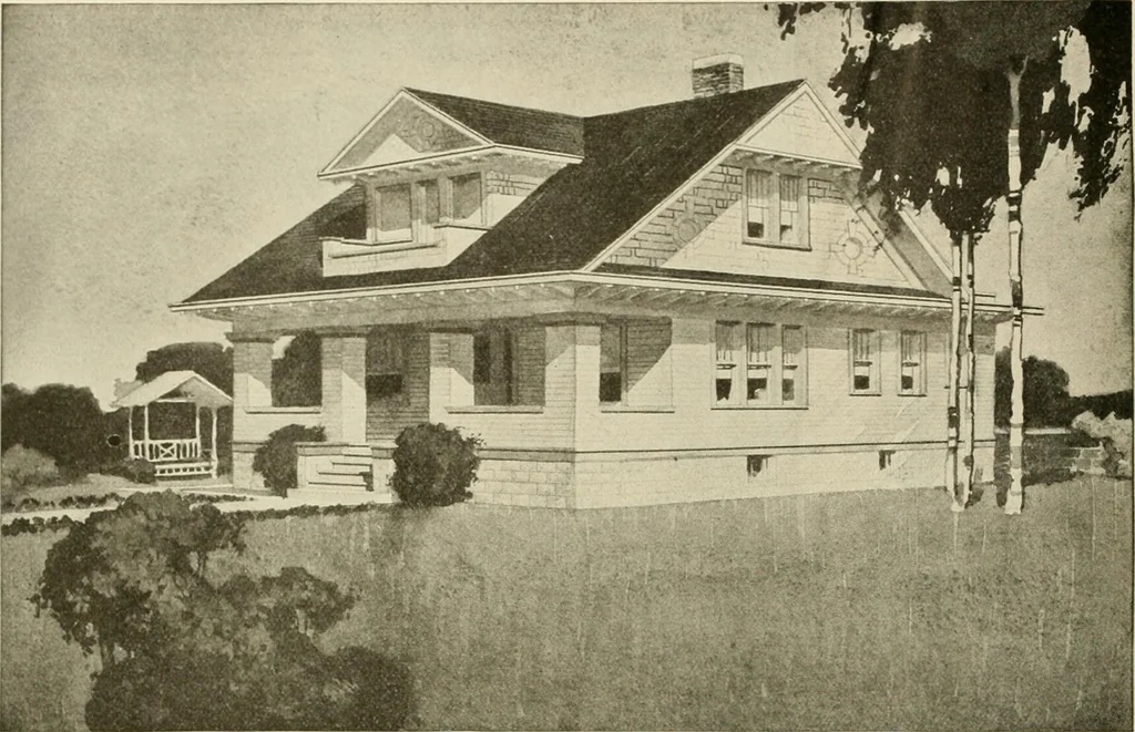 An illustration from Guaranteed building plans with interior views and details : a standard collection of new, original and artistic designs of cottages, bungalows, residences and flats of frame, brick, cement, plaster, concrete blocks, hollow tile, stucco, etc. and farm buildings of all descriptions together with interior and exterior details and interior views arranged and described by William A. Radford., 1915, leaf 151