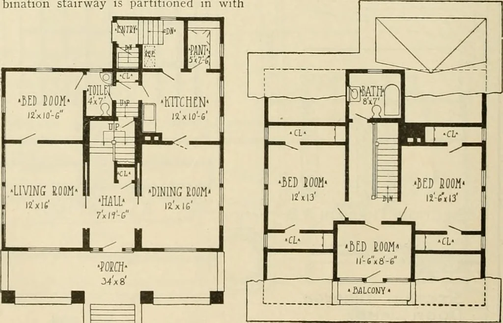 An illustration from Guaranteed building plans with interior views and details : a standard collection of new, original and artistic designs of cottages, bungalows, residences and flats of frame, brick, cement, plaster, concrete blocks, hollow tile, stucco, etc. and farm buildings of all descriptions together with interior and exterior details and interior views arranged and described by William A. Radford., 1915, leaf 151