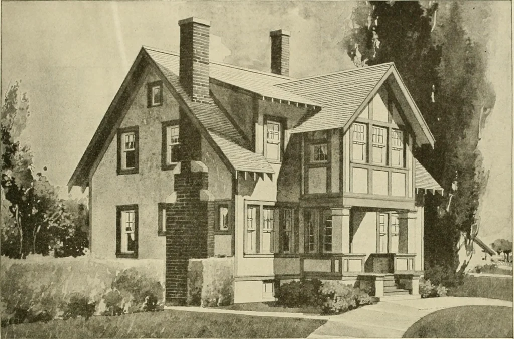 An illustration from Guaranteed building plans with interior views and details : a standard collection of new, original and artistic designs of cottages, bungalows, residences and flats of frame, brick, cement, plaster, concrete blocks, hollow tile, stucco, etc. and farm buildings of all descriptions together with interior and exterior details and interior views arranged and described by William A. Radford., 1915, leaf 152