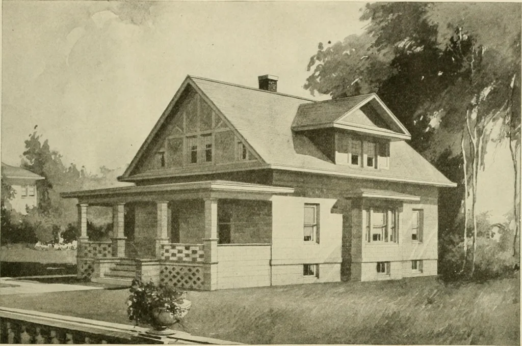 An illustration from Guaranteed building plans with interior views and details : a standard collection of new, original and artistic designs of cottages, bungalows, residences and flats of frame, brick, cement, plaster, concrete blocks, hollow tile, stucco, etc. and farm buildings of all descriptions together with interior and exterior details and interior views arranged and described by William A. Radford., 1915, leaf 156