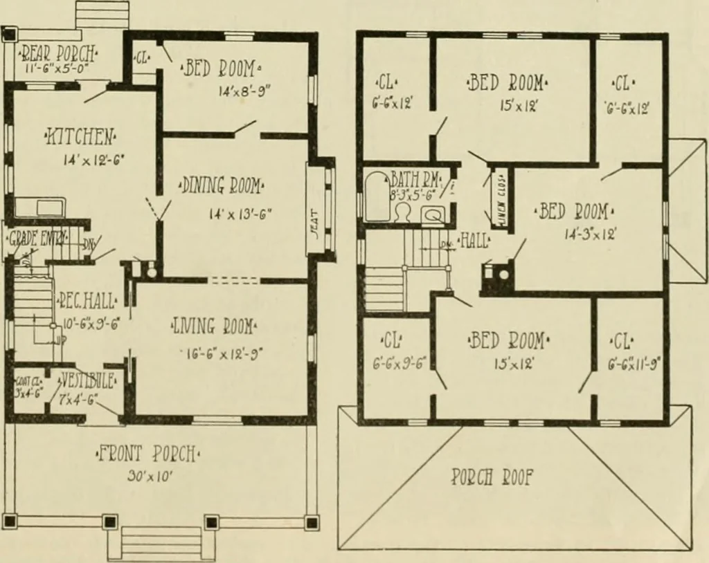 An illustration from Guaranteed building plans with interior views and details : a standard collection of new, original and artistic designs of cottages, bungalows, residences and flats of frame, brick, cement, plaster, concrete blocks, hollow tile, stucco, etc. and farm buildings of all descriptions together with interior and exterior details and interior views arranged and described by William A. Radford., 1915, leaf 156