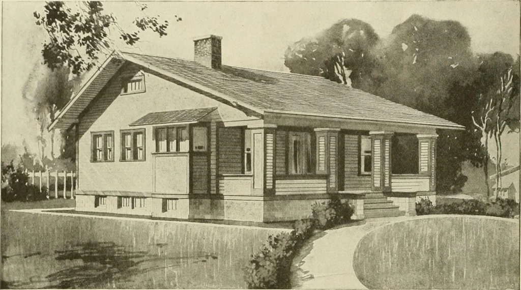 An illustration from Guaranteed building plans with interior views and details : a standard collection of new, original and artistic designs of cottages, bungalows, residences and flats of frame, brick, cement, plaster, concrete blocks, hollow tile, stucco, etc. and farm buildings of all descriptions together with interior and exterior details and interior views arranged and described by William A. Radford., 1915, leaf 157