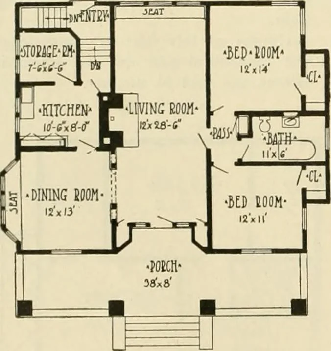An illustration from Guaranteed building plans with interior views and details : a standard collection of new, original and artistic designs of cottages, bungalows, residences and flats of frame, brick, cement, plaster, concrete blocks, hollow tile, stucco, etc. and farm buildings of all descriptions together with interior and exterior details and interior views arranged and described by William A. Radford., 1915, leaf 157