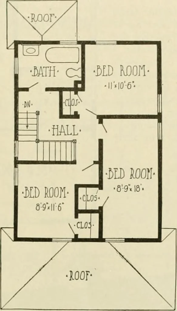 An illustration from Guaranteed building plans with interior views and details : a standard collection of new, original and artistic designs of cottages, bungalows, residences and flats of frame, brick, cement, plaster, concrete blocks, hollow tile, stucco, etc. and farm buildings of all descriptions together with interior and exterior details and interior views arranged and described by William A. Radford., 1915, leaf 158