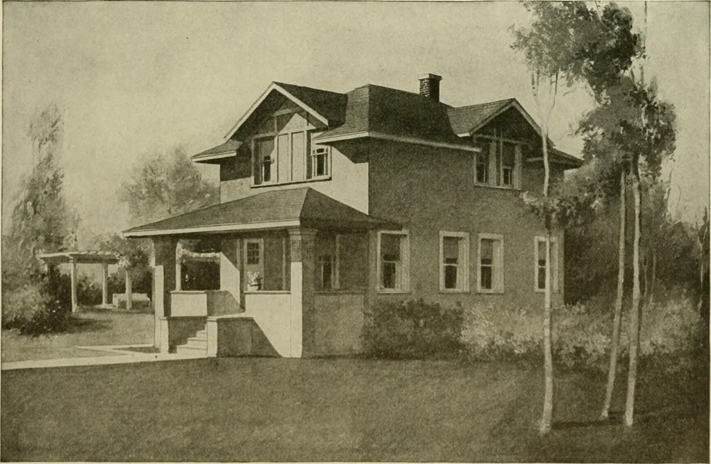 An illustration from Guaranteed building plans with interior views and details : a standard collection of new, original and artistic designs of cottages, bungalows, residences and flats of frame, brick, cement, plaster, concrete blocks, hollow tile, stucco, etc. and farm buildings of all descriptions together with interior and exterior details and interior views arranged and described by William A. Radford., 1915, leaf 158