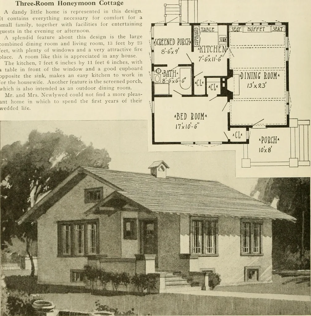 An illustration from Guaranteed building plans with interior views and details : a standard collection of new, original and artistic designs of cottages, bungalows, residences and flats of frame, brick, cement, plaster, concrete blocks, hollow tile, stucco, etc. and farm buildings of all descriptions together with interior and exterior details and interior views arranged and described by William A. Radford., 1915, leaf 159