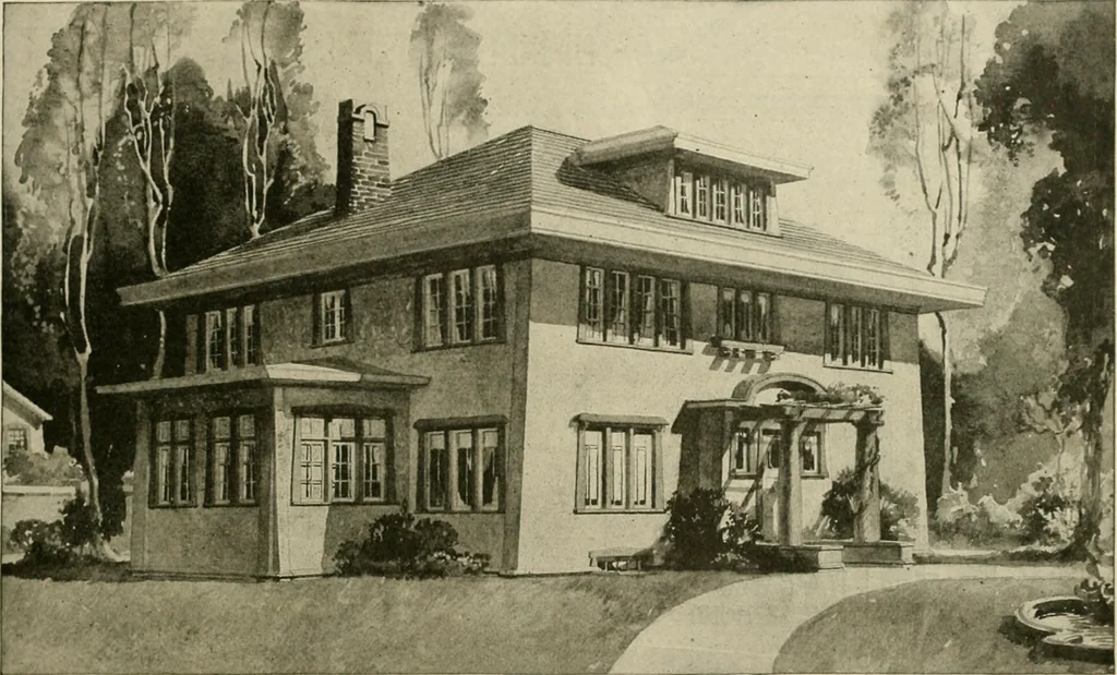 An illustration from Guaranteed building plans with interior views and details : a standard collection of new, original and artistic designs of cottages, bungalows, residences and flats of frame, brick, cement, plaster, concrete blocks, hollow tile, stucco, etc. and farm buildings of all descriptions together with interior and exterior details and interior views arranged and described by William A. Radford., 1915, leaf 16