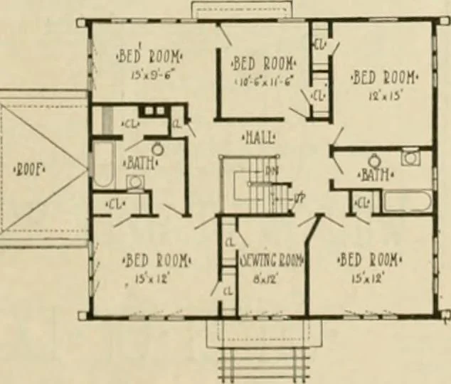 An illustration from Guaranteed building plans with interior views and details : a standard collection of new, original and artistic designs of cottages, bungalows, residences and flats of frame, brick, cement, plaster, concrete blocks, hollow tile, stucco, etc. and farm buildings of all descriptions together with interior and exterior details and interior views arranged and described by William A. Radford., 1915, leaf 16