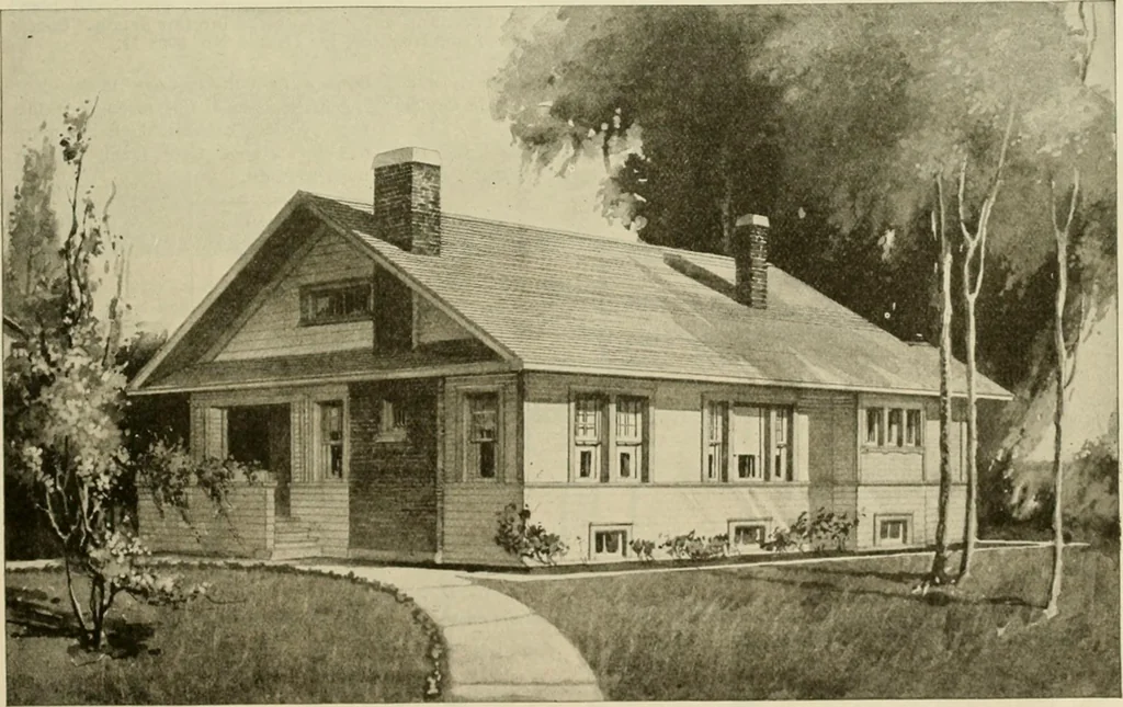 An illustration from Guaranteed building plans with interior views and details : a standard collection of new, original and artistic designs of cottages, bungalows, residences and flats of frame, brick, cement, plaster, concrete blocks, hollow tile, stucco, etc. and farm buildings of all descriptions together with interior and exterior details and interior views arranged and described by William A. Radford., 1915, leaf 160
