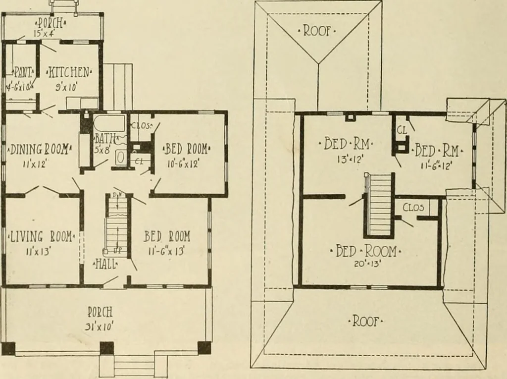 An illustration from Guaranteed building plans with interior views and details : a standard collection of new, original and artistic designs of cottages, bungalows, residences and flats of frame, brick, cement, plaster, concrete blocks, hollow tile, stucco, etc. and farm buildings of all descriptions together with interior and exterior details and interior views arranged and described by William A. Radford., 1915, leaf 161