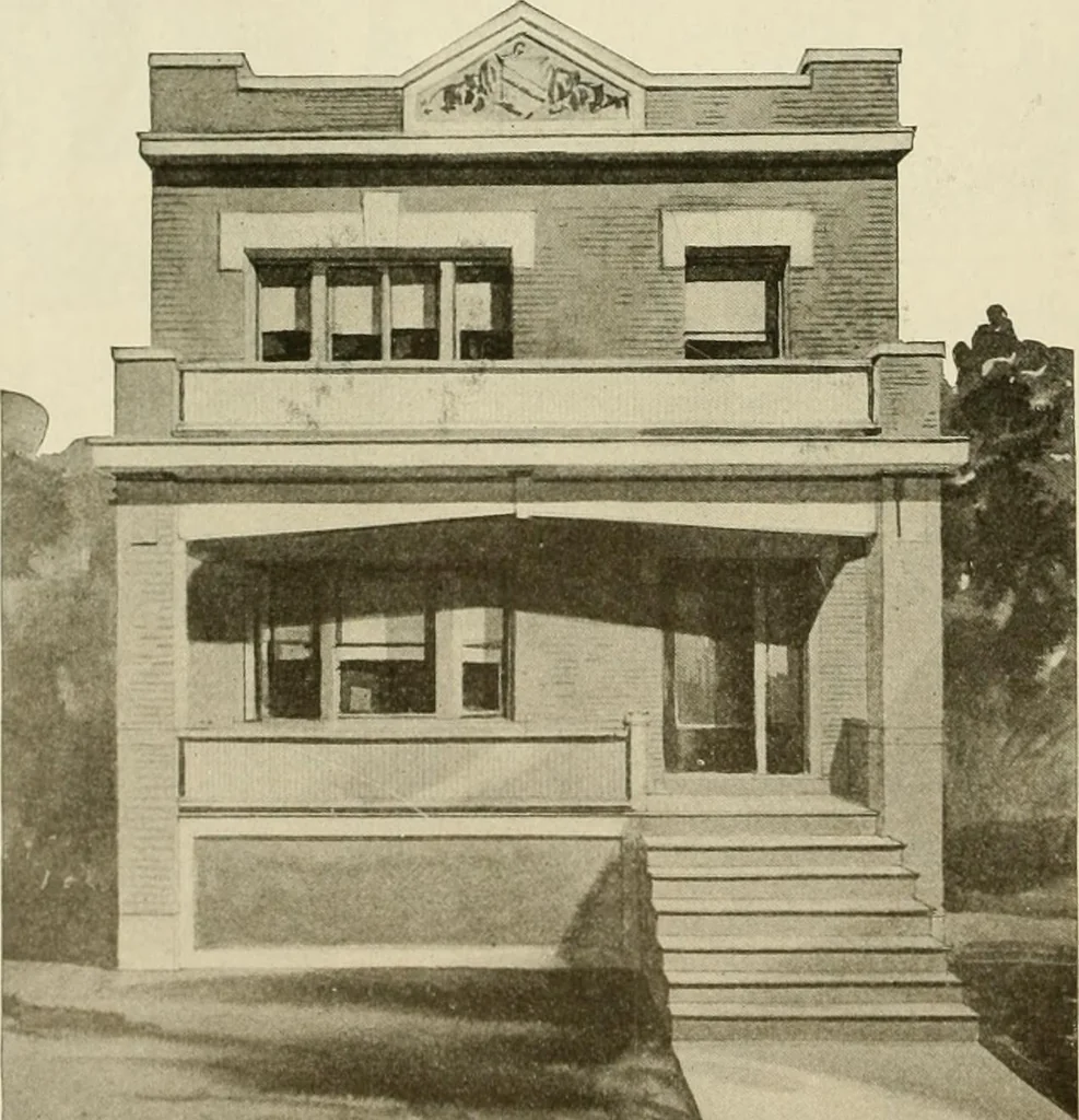 An illustration from Guaranteed building plans with interior views and details : a standard collection of new, original and artistic designs of cottages, bungalows, residences and flats of frame, brick, cement, plaster, concrete blocks, hollow tile, stucco, etc. and farm buildings of all descriptions together with interior and exterior details and interior views arranged and described by William A. Radford., 1915, leaf 163