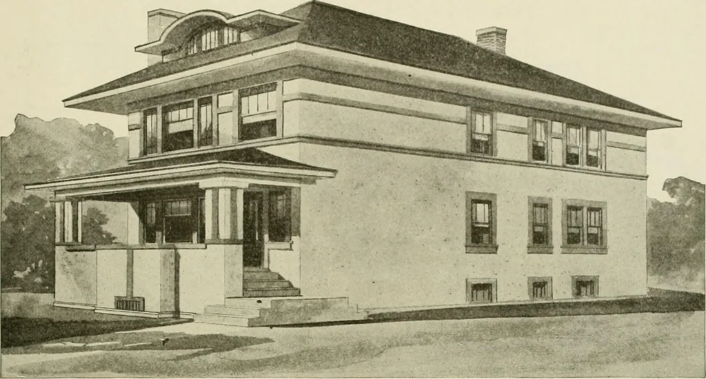 An illustration from Guaranteed building plans with interior views and details : a standard collection of new, original and artistic designs of cottages, bungalows, residences and flats of frame, brick, cement, plaster, concrete blocks, hollow tile, stucco, etc. and farm buildings of all descriptions together with interior and exterior details and interior views arranged and described by William A. Radford., 1915, leaf 164