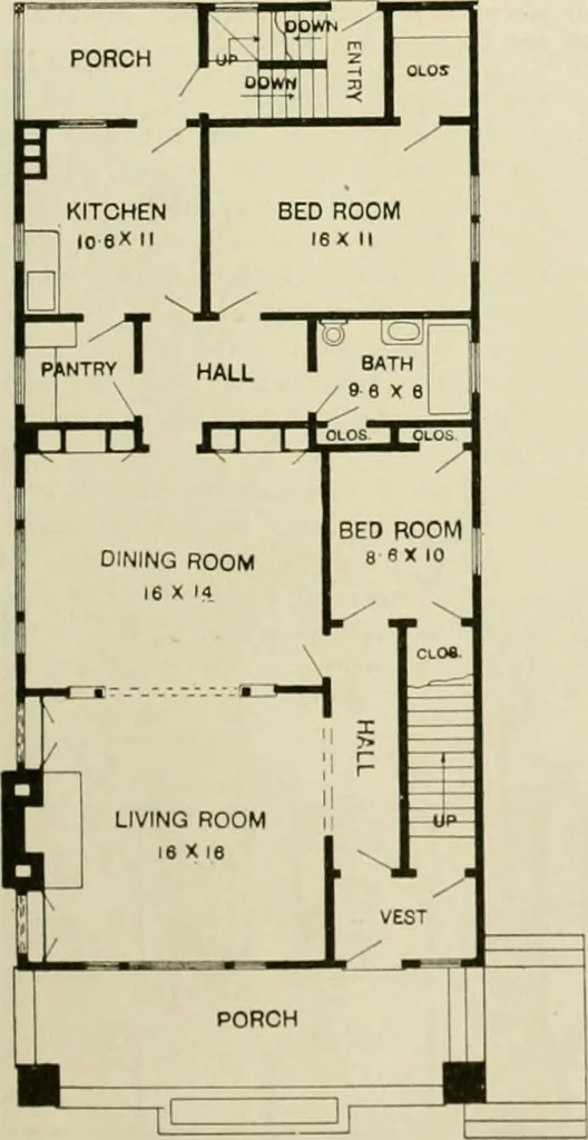 An illustration from Guaranteed building plans with interior views and details : a standard collection of new, original and artistic designs of cottages, bungalows, residences and flats of frame, brick, cement, plaster, concrete blocks, hollow tile, stucco, etc. and farm buildings of all descriptions together with interior and exterior details and interior views arranged and described by William A. Radford., 1915, leaf 164