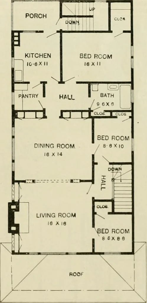 An illustration from Guaranteed building plans with interior views and details : a standard collection of new, original and artistic designs of cottages, bungalows, residences and flats of frame, brick, cement, plaster, concrete blocks, hollow tile, stucco, etc. and farm buildings of all descriptions together with interior and exterior details and interior views arranged and described by William A. Radford., 1915, leaf 164
