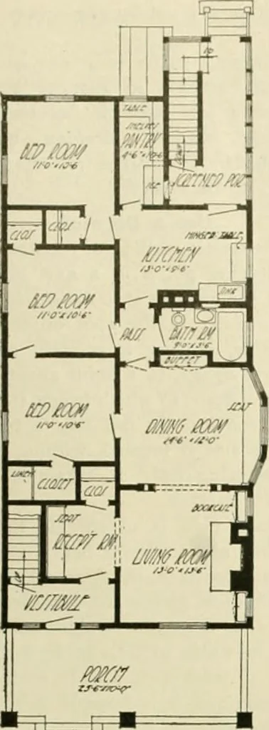 An illustration from Guaranteed building plans with interior views and details : a standard collection of new, original and artistic designs of cottages, bungalows, residences and flats of frame, brick, cement, plaster, concrete blocks, hollow tile, stucco, etc. and farm buildings of all descriptions together with interior and exterior details and interior views arranged and described by William A. Radford., 1915, leaf 166