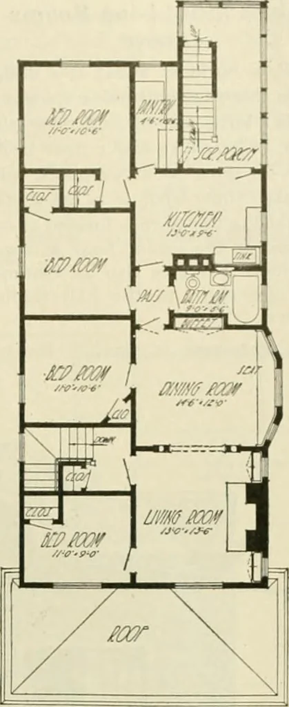 An illustration from Guaranteed building plans with interior views and details : a standard collection of new, original and artistic designs of cottages, bungalows, residences and flats of frame, brick, cement, plaster, concrete blocks, hollow tile, stucco, etc. and farm buildings of all descriptions together with interior and exterior details and interior views arranged and described by William A. Radford., 1915, leaf 166