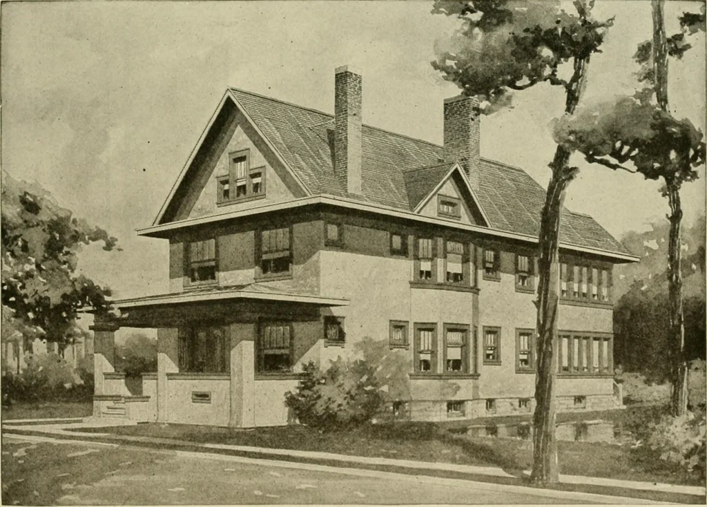 An illustration from Guaranteed building plans with interior views and details : a standard collection of new, original and artistic designs of cottages, bungalows, residences and flats of frame, brick, cement, plaster, concrete blocks, hollow tile, stucco, etc. and farm buildings of all descriptions together with interior and exterior details and interior views arranged and described by William A. Radford., 1915, leaf 166