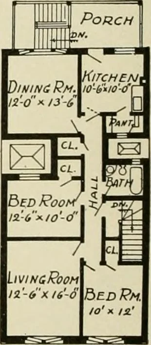 An illustration from Guaranteed building plans with interior views and details : a standard collection of new, original and artistic designs of cottages, bungalows, residences and flats of frame, brick, cement, plaster, concrete blocks, hollow tile, stucco, etc. and farm buildings of all descriptions together with interior and exterior details and interior views arranged and described by William A. Radford., 1915, leaf 167