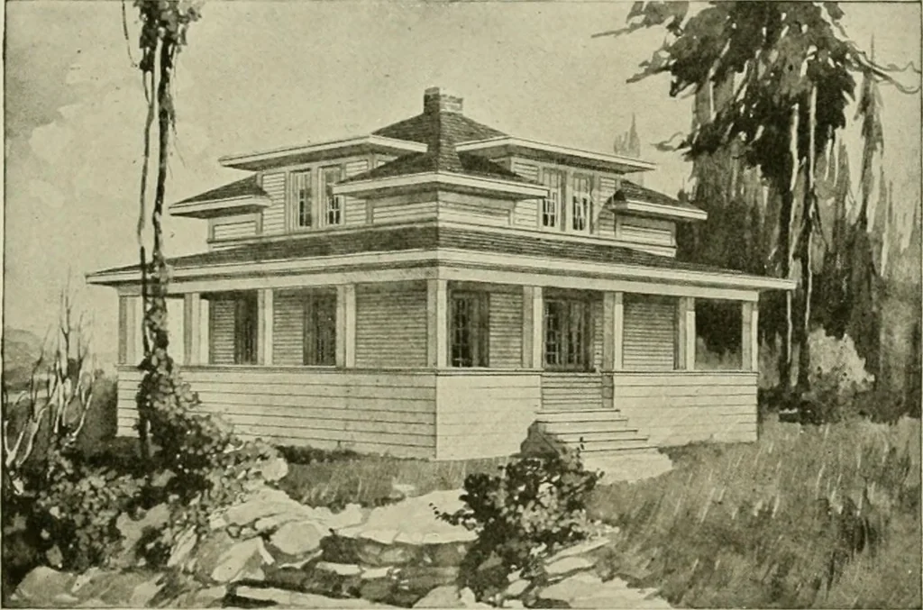 An illustration from Guaranteed building plans with interior views and details : a standard collection of new, original and artistic designs of cottages, bungalows, residences and flats of frame, brick, cement, plaster, concrete blocks, hollow tile, stucco, etc. and farm buildings of all descriptions together with interior and exterior details and interior views arranged and described by William A. Radford., 1915, leaf 168