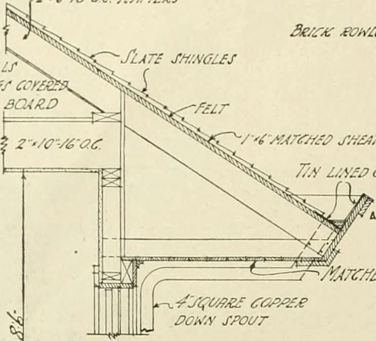 An illustration from Guaranteed building plans with interior views and details : a standard collection of new, original and artistic designs of cottages, bungalows, residences and flats of frame, brick, cement, plaster, concrete blocks, hollow tile, stucco, etc. and farm buildings of all descriptions together with interior and exterior details and interior views arranged and described by William A. Radford., 1915, leaf 17
