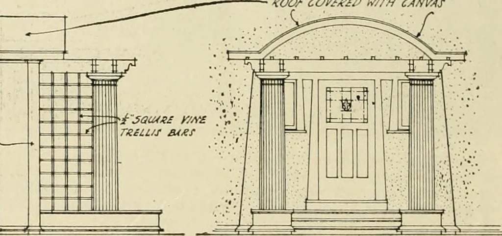 An illustration from Guaranteed building plans with interior views and details : a standard collection of new, original and artistic designs of cottages, bungalows, residences and flats of frame, brick, cement, plaster, concrete blocks, hollow tile, stucco, etc. and farm buildings of all descriptions together with interior and exterior details and interior views arranged and described by William A. Radford., 1915, leaf 17