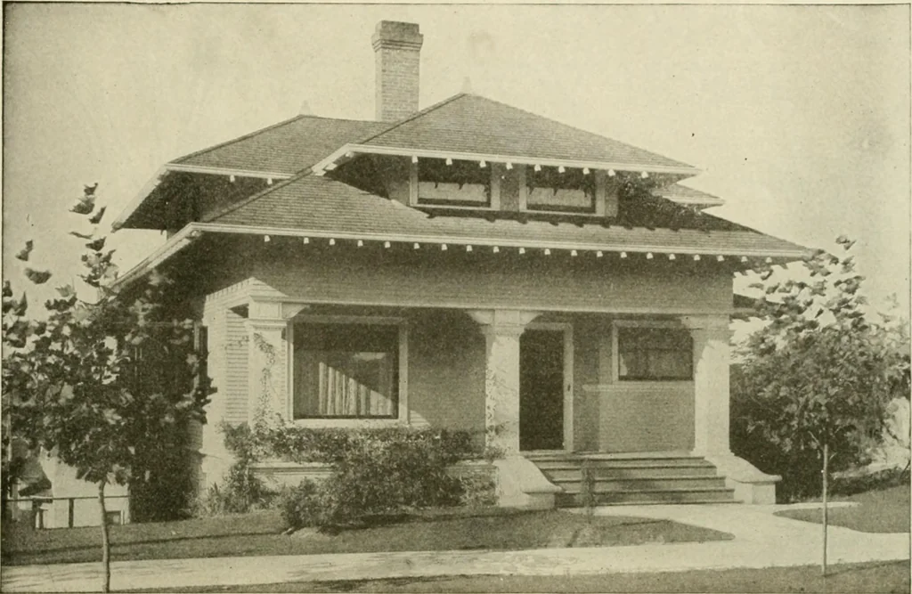 An illustration from Guaranteed building plans with interior views and details : a standard collection of new, original and artistic designs of cottages, bungalows, residences and flats of frame, brick, cement, plaster, concrete blocks, hollow tile, stucco, etc. and farm buildings of all descriptions together with interior and exterior details and interior views arranged and described by William A. Radford., 1915, leaf 170