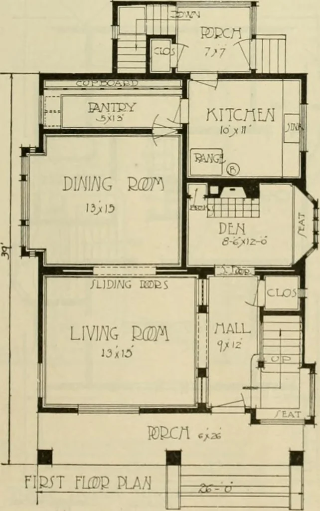 An illustration from Guaranteed building plans with interior views and details : a standard collection of new, original and artistic designs of cottages, bungalows, residences and flats of frame, brick, cement, plaster, concrete blocks, hollow tile, stucco, etc. and farm buildings of all descriptions together with interior and exterior details and interior views arranged and described by William A. Radford., 1915, leaf 170