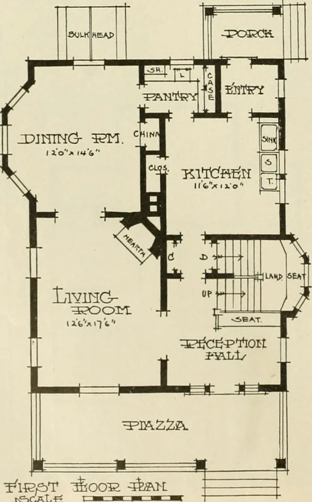 An illustration from Guaranteed building plans with interior views and details : a standard collection of new, original and artistic designs of cottages, bungalows, residences and flats of frame, brick, cement, plaster, concrete blocks, hollow tile, stucco, etc. and farm buildings of all descriptions together with interior and exterior details and interior views arranged and described by William A. Radford., 1915, leaf 171